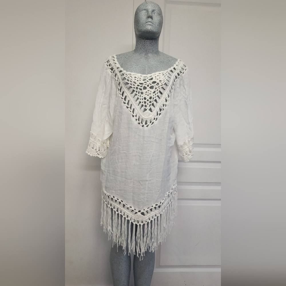 NWOT Boho Crochet Fringe Hem Cover Up Dress White large - Picture 9 of 12